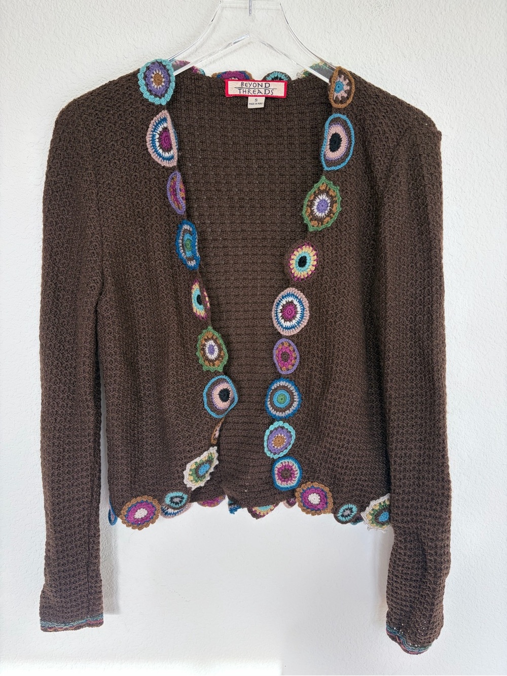 Brown Crochet-Trim Open Cardigan Alpaca Wool Sweater | S